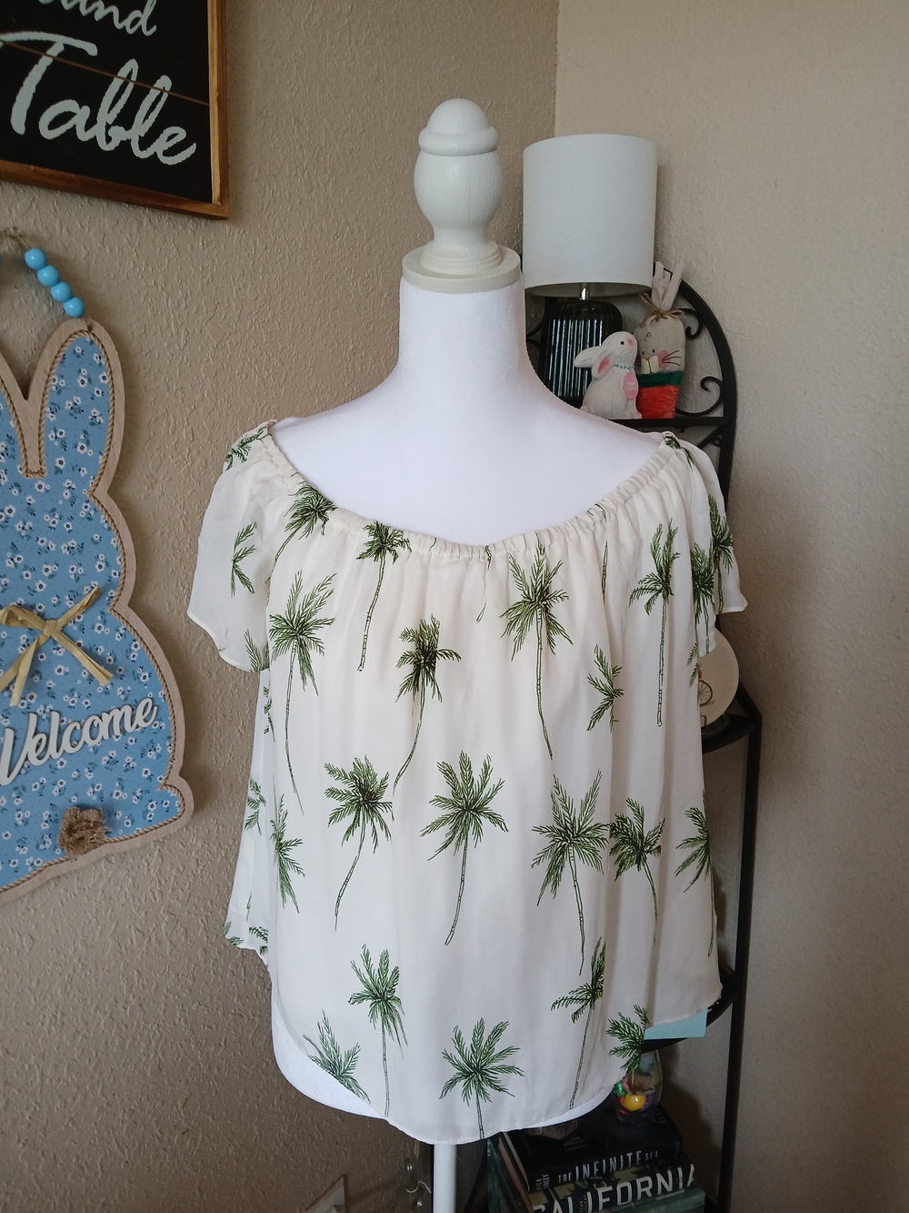 ❗️NWOT Milly Cream Off-Shoulder Blouse with Green Palm Print